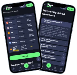 Jokabet Casino cashback table and FAQ section shown on mobile screens