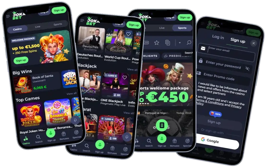 Jokabet Casino mobile screens with casino lobby, live games, sportsbook and sign up form