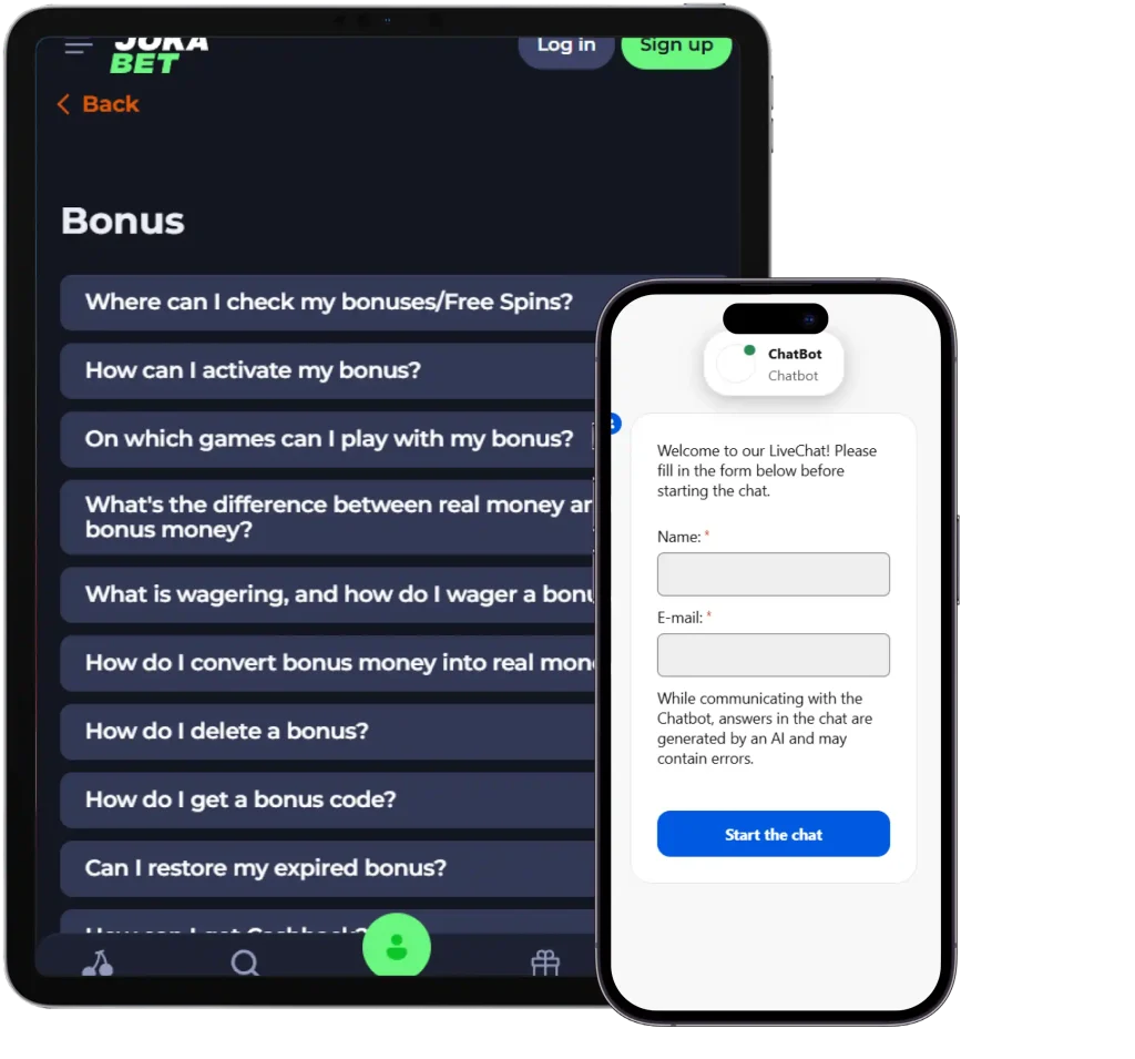 Jokabet Casino mobile support screen with bonus help section and live chat form