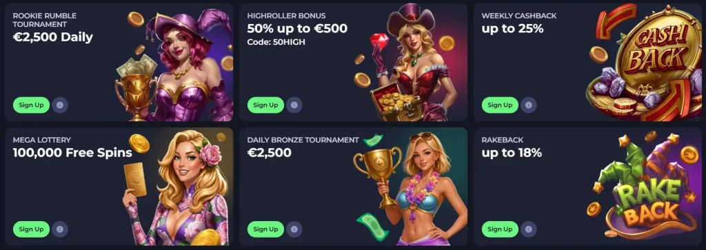 Jokabet Casino promotions page with highroller bonus, weekly cashback, rakeback and tournament cards