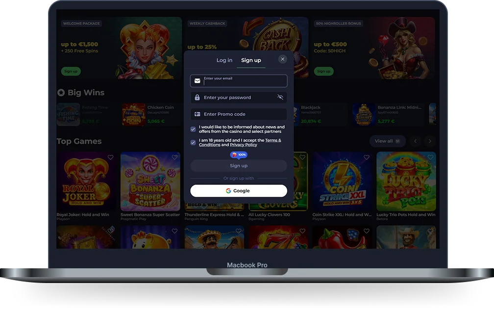 Jokabet Casino sign up form shown on a MacBook screen with bonus cards and slot games in the background