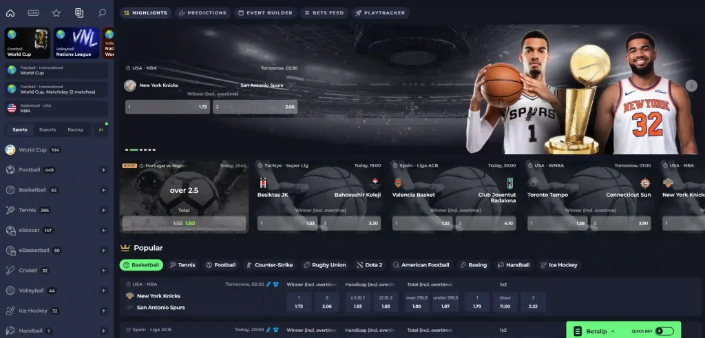 Jokabet Casino sportsbook lobby with basketball, football, tennis and live betting markets